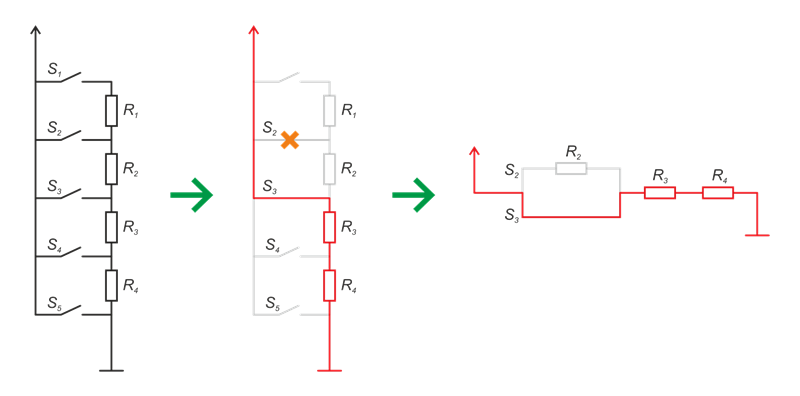 При одновременном нажатии 2&nbsp;и 3&nbsp;кнопки, ток потечет по контуру через 3&nbsp;кнопку