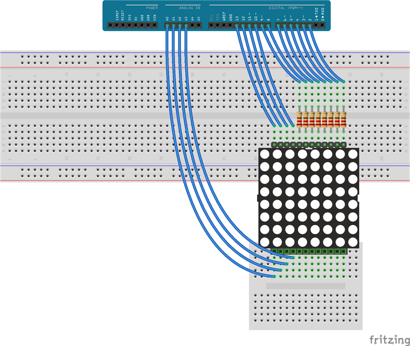 На схеме 8&nbsp;понижающих резисторов на 220&nbsp;Ом