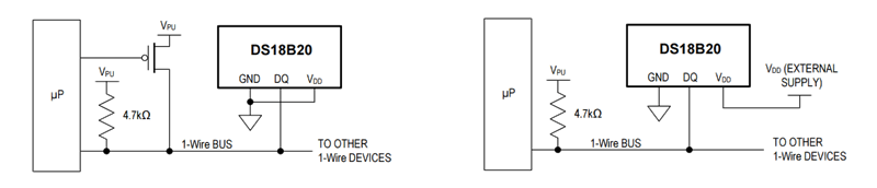 Слева схема подключения датчика в паразитном режиме, справа&nbsp;— в обычном