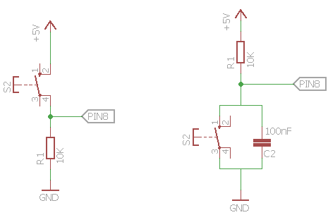 Слева&nbsp;— стандартное подключение кнопки со стягивающим резистором, справа&nbsp;— модифицированная схема для устранения дребезга