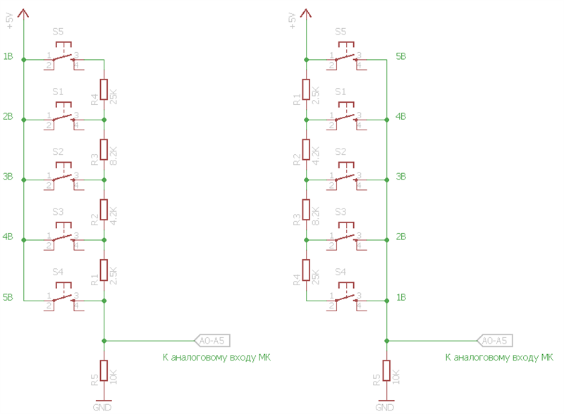 Расположение резисторов с указанными номиналами и получаемые напряжения на каждой кнопке, в зависимости от выбранной схемы