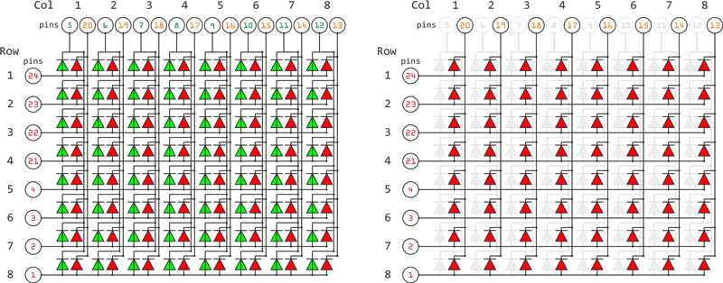 Слева&nbsp;— исходная схема, справа&nbsp;— отбрасываем зеленые светодиоды, используем только красные
